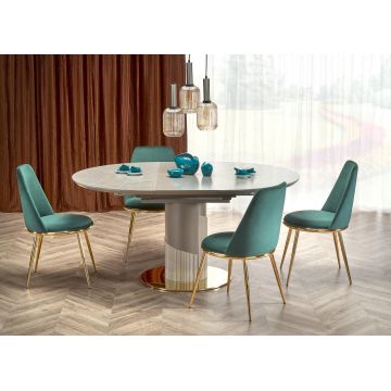Set masa extensibila din ceramica, MDF si metal, Musetta Gri / Auriu + 4 Scaune tapitate cu stofa si picioare metalice, Kai-460 Velvet Verde Inchis / Auriu, L120-160xl120xH76 cm