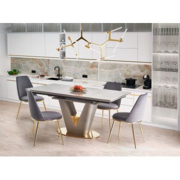 Set masa extensibila din ceramica, MDF si metal, Valento Gri / Auriu + 4 Scaune tapitate cu stofa si picioare metalice, Kai-460 Velvet Gri / Auriu, L160-220xl90xH76 cm