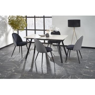 Set masa extensibila din MDF si metal, Ballari II Gri Deschis / Negru + 4 Scaune tapitate cu stofa si picioare metalice, Kai-478 Velvet Alb / Negru, L140-180xl80xH77 cm