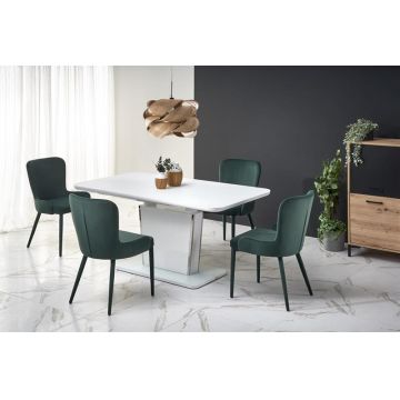 Set masa extensibila din sticla, MDF si metal, Bonnye Alb + 4 Scaune tapitate cu stofa si picioare metalice, Kai-425 Velvet Verde Inchis, L160-200xl90xH76 cm