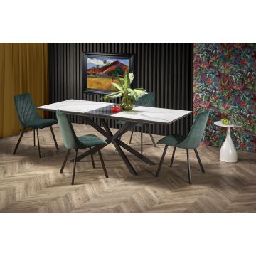 Set masa extensibila din sticla, MDF si metal, Diestel Alb / Gri Inchis / Negru + 4 Scaune tapitate cu stofa si picioare metalice, Kai-450 Velvet Verde Inchis / Negru, L160-200xl90xH76 cm