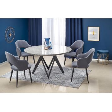 Set masa rotunda din MDF si metal Gustasima Gri / Negru + 4 scaune tapitate cu stofa Kai-364 Gri / Negru, Ø140xH77 cm