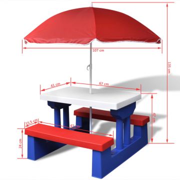 Masă de picnic pentru copii cu bănci & umbrelă multicolor (49807)