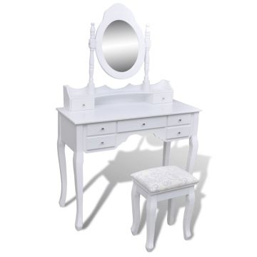 Masă de toaletă cu oglindă și taburet 7 sertare alb