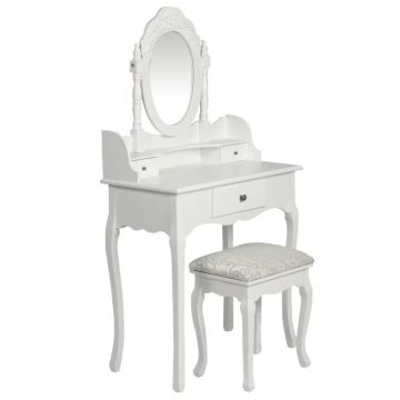 Masă de toaletă cu oglindă și taburet alb