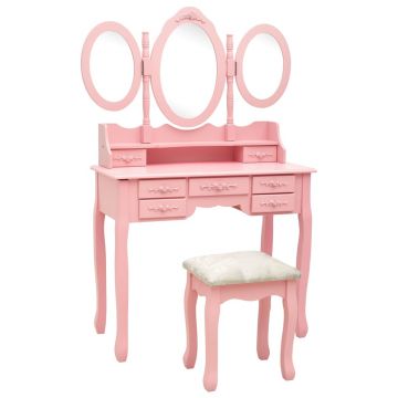 Masă de toaletă cu taburet și triptic oglinzi roz