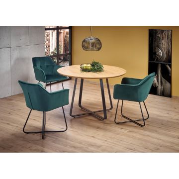 Set masa rotunda din MDF si metal, Lopera II Stejar Auriu / Negru + 4 Scaune tapitate cu stofa si picioare metalice, Kai-377 Velvet Verde Inchis / Negru, Ø120xH78 cm