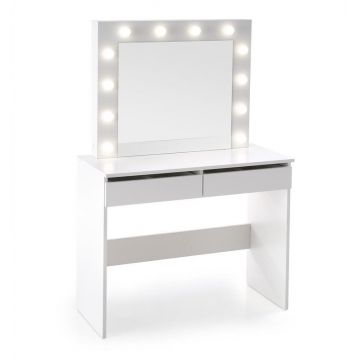Masa de machiaj din pal cu oglinda, 2 sertare si LED inclus, Hopkins Alb, L94xl43xH140 cm