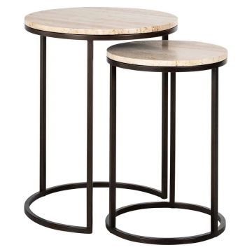 Set 2 masute de colt Rotunda din Travertin si Metal Bej/Negru D45xH57cm Avalon Richmond Interiors