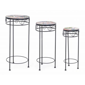 Set 3 masute suport flori din ceramica si metal, Paloma Round Multicolor / Negru, Ø30xH68 cm / Ø25xH57 cm / Ø20xH51 cm