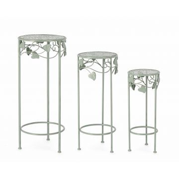 Set 3 masute suport flori din metal, Harriet Round Verde Mint, Ø30xH70 cm / Ø25xH60 cm / Ø20xH50 cm