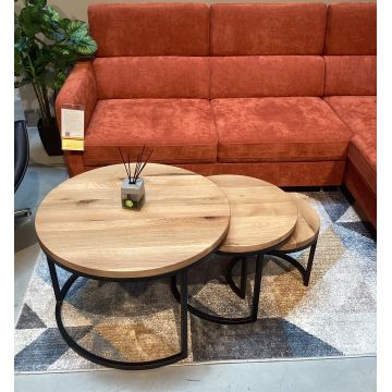 Set 3 mese de cafea din lemn de stejar salbatic si picioare metalice, Hugo Nobil Regular Stejar Bassano, Ø73xH50 / Ø53xH43 / Ø38xH35 cm