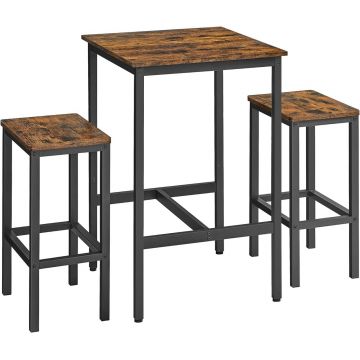 Set masa de bar si 2 scaune Vasagle, 60 x 60 x 90 cm / 30 x 40 x 35 cm, PAL/otel, maro rustic