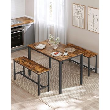 Set masa dining si 2 banchete Vasagle, 110 x 70 x 75 cm / 97 x 30 x 50 cm, PAL/otel, maro rustic