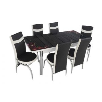 Set masa extensibila cu 6 scaune Arta Table Flori de camp, pal melaminat + piele ecologica, negru + alb, 169 x 80 cm