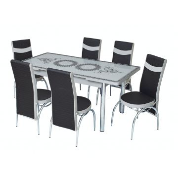 Set masa extensibila cu 6 scaune Arta Table Oriental White, pal melaminat + piele ecologica, alb + negru, 169 x 80 cm