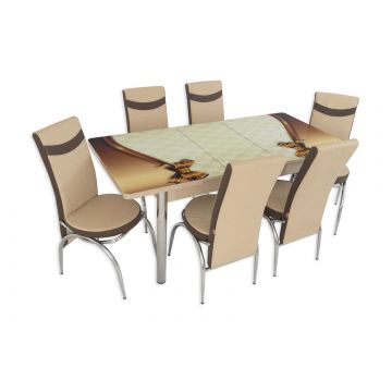 Set masa extensibila cu 6 scaune ARTA Table Queen, PAL melaminat + piele ecologica, crem +maro, 169 x 80 cm