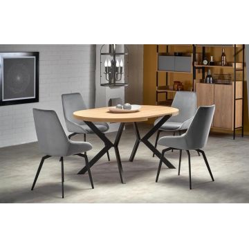 Set masa extensibila din pal si metal, Piers Stejar Auriu / Negru + 4 Scaune tapitate cu stofa si picioare metalice, Kai-479 Velvet Gri / Negru, L100-250xl100xH75 cm