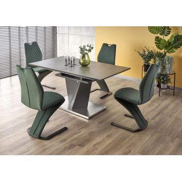 Set masa extensibila din sticla, MDF si metal, Salvo Gri Inchis + 4 Scaune tapitate cu stofa si picioare metalice, Kai-442 Velvet Verde Inchis / Negru, L160-200xl90xH77 cm