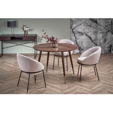 Set masa rotunda din MDF, pal si metal, Dominiguez Nuc / Auriu + 4 Scaune tapitate cu stofa si picioare metalice, Kai-482 Bej / Negru, Ø110xH76 cm