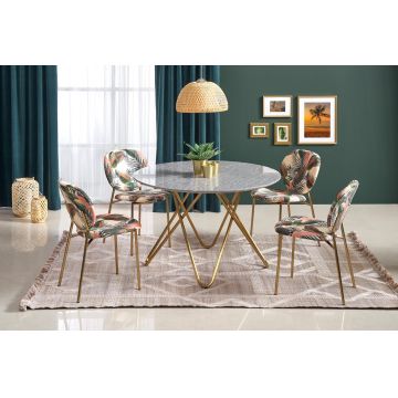 Set masa rotunda din MDF si metal Bonita Gri / Auriu + 4 scaune tapitate cu stofa Kai-398 Multicolor / Auriu, Ø120xH76 cm