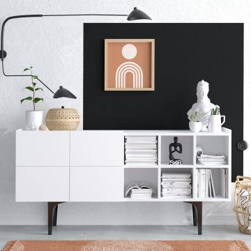 Consola Lokum cu 4 usi si rafturi, Alb, 150 x 75 x 40 cm