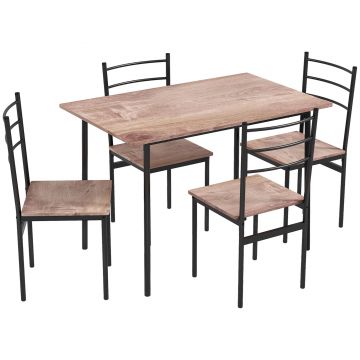 HOMCOM Set din 5 Piese cu Masă de Bucătărie Dreptunghiulară și 4 Scaune Moderne din MDF și Oțel, 110x70x75 cm , Maro | Aosom Romania