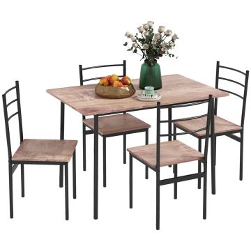 HOMCOM Set din 5 Piese cu Masă de Bucătărie Dreptunghiulară și 4 Scaune Moderne din MDF și Oțel, 110x70x75 cm , Maro | Aosom Romania