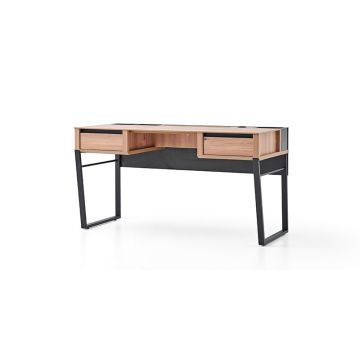 Masa de birou din pal si metal, cu 2 sertare, Solid Natural / Negru, L145xl62,1xH76,6 cm