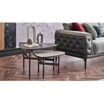 Set 2 mese de cafea din pal si metal, Arora Gri / Negru, L70,6xl67xH45,3 cm / L55,1xl54,2xH35,4 cm