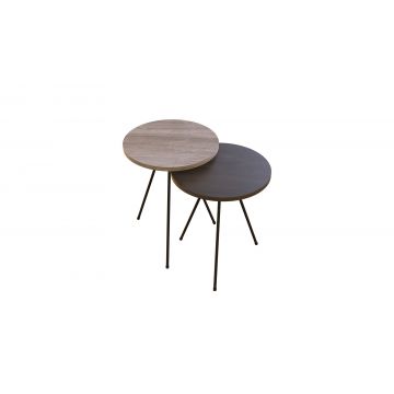 Set 2 mese de cafea din pal si metal, Piero Natural / Negru, Ø40xH53 cm / Ø40xH49 cm