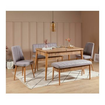 Set Dining - Masa Extensibila cu Scaune, Bancuta si Taburet Vina - Pin Atlantic/Soho Grey