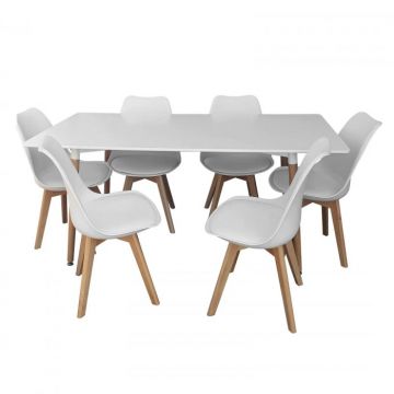 Set masa cu 6 scaune HB01, dreptunghiulara, 6 persoane, alb, 160x80x74 cm