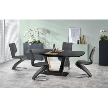 Set masa extensibila din MDF si sticla, Farley Negru / Nuc + 4 Scaune tapitate cu stofa si piele ecologica, cu picioare metalice Kai-307 Gri inchis / Negru, L160-200xl90xH77 cm
