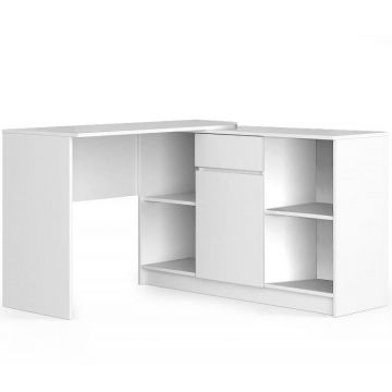 Birou calculator pe colt, placa laminata, 1 sertar, 6 rafturi, alb, 120x126x79/77 cm
