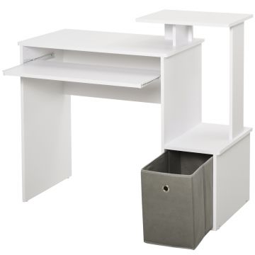 HOMCOM Birou Modern pentru PC cu Etajera Suport Tastatura, Blat şi Sertar din Ţestura, din Lemn, 100x40x86.6cm, Alb