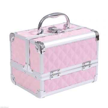 HOMCOM Trusa Machiaj  Profesionala, Beauty Case pentru Make Up cu Profile din Aluminiu, Maner si Tava in Consola, 20x15x15cm, Roz | Aosom Romania