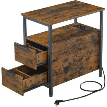 Masuta laterala cu priza si USB / noptiera cu 2 sertare, Vasagle, 60 x 35 x 61 cm, PAL/otel, maro rustic