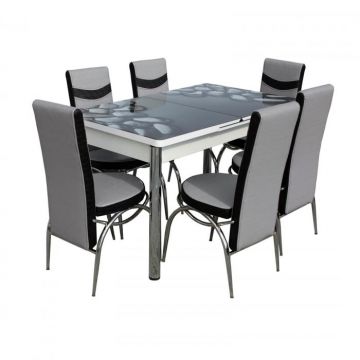 Set Lara, masa extensibila cu 6 scaune, negru + gri, 130 165x80x79 cm