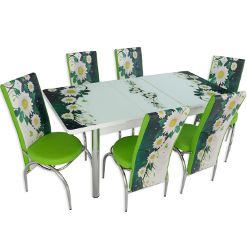 Set masa extensibila cu 6 scaune Arta Table Daisy, Pal melaminat, alb + verde cu flori, 169 x 80 cm