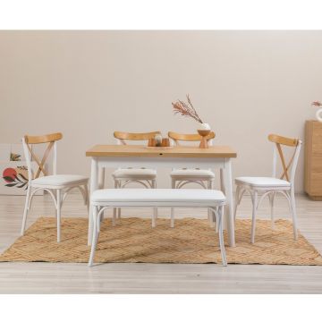 Set masă și scaune extensibile (6 bucăți) OLİVER AÇL.BAROK Extendable Dining Table & Chairs Set 2, Alb, 77x75x120 cm