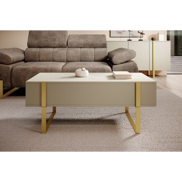 Masa de cafea din pal si metal, cu 2 sertare, Verica 120-2SZ Crem / Auriu, L120xl60xH48 cm