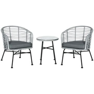 Outsunny Set Mobilier de Gradina 3 Piese din Ratan PE, Salon in Aer Liber cu 1 Masa si 2 Scaune pentru Terasa si Bistrò, Gri