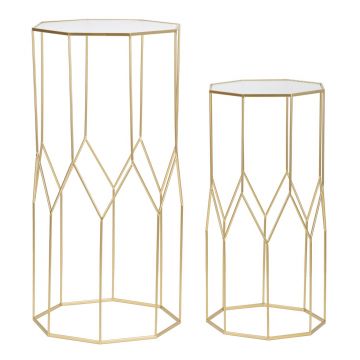 Set 2 masute inalte New Glass, Mauro Ferretti, 50x46x100 cm, fier/sticla, auriu