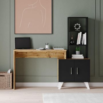 Birou cu biblioteca Ombra, Negru - Stejar, 150 x 138 x 45 cm