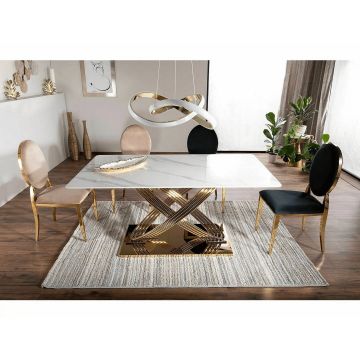 Masa Fixa Hermes, 160x90x75, Metal/Ceramica - Auriu/Alb