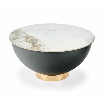Masuta de Cafea Hagen 207, Ø73x37 cm, Metal/Ceramica, Alb Marmura/Gri/Auriu