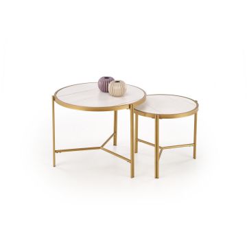 Set Masute de Cafea Hagen 265, Ø63x50 cm, Metal/Piatra Sinterizata, Auriu/ Alb marmura