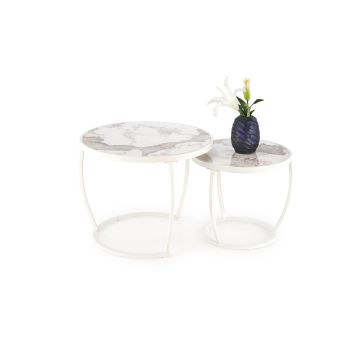 Set Masute de Cafea Hagen 271, Ø62x50 cm, Metal/Piatra Sinterizata, Alb/Beige