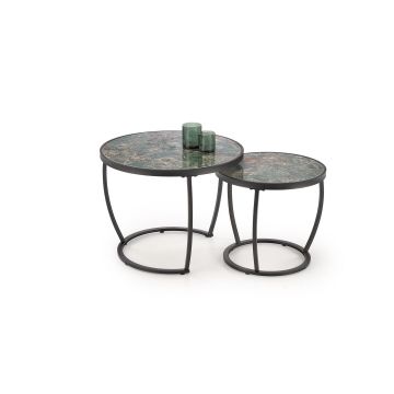 Set Masute de Cafea Hagen 271, Ø62x50 cm, Metal/Piatra Sinterizata, Negru/Verde